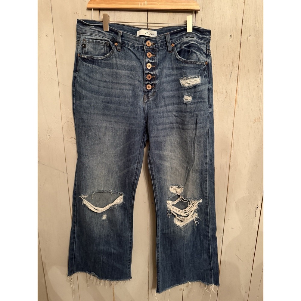 KanCan Med Wash Distressed Destroyed Button Fly Wide Leg Jeans 11/29